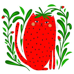 Cute strawberry and flowers for kids print vector illustration. Hand drawn sweet strawberry vector. Cute cat in a funny strawberry costume, isolated on a white background. It can be used for sticker, 
