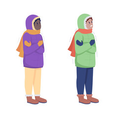 Kids shaking from cold semi flat color vector character set. Standing figure. Full body people on white. Freeze isolated modern cartoon style illustration for graphic design and animation collection