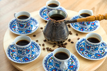 Turkish coffee many cups on the table. Selective focus.
