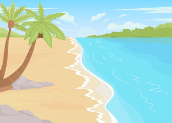Fototapeta na wymiar Tropical vacation flat color vector illustration. Seaside retreat. Summer destination. Outdoor entertaining area. Beach resort 2D simple cartoon landscape with palm trees on background