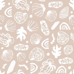 Seamless pattern with seashells. Vector background. - 486436763
