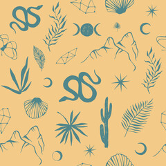 Seamless pattern with occult objects. Nature background.