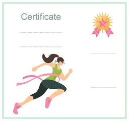 Athletics diploma certificate template illustration. Sports theme certificate template with frame. Diploma design with an athlete girl. Vector, cartoon, flat style.