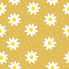 Seamless vintage pattern. White flowers and dots. Yellow background. vector texture. fashionable print for textiles, wallpaper and packaging.