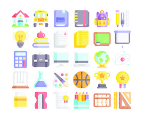 Simple set of 30 back to school icons in detailed flat style