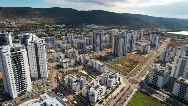 Aerial view of residential apartment buildings area at Tirat carmel, Haifa, Israel.