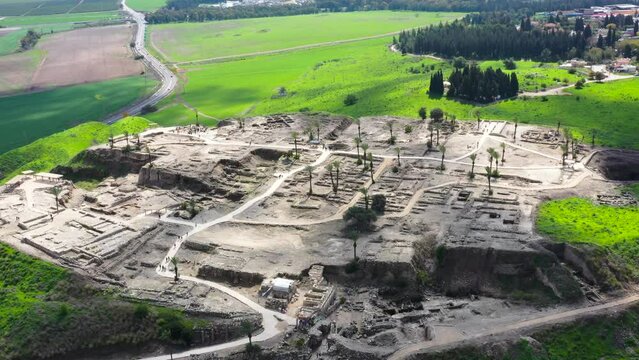 Aerial view of ancient city ruins in Megiddo National Park, Israel