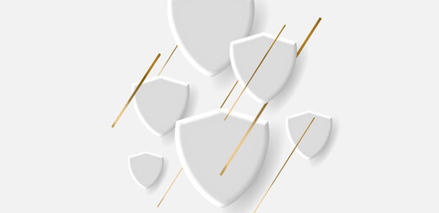 White background with 3d composition of security white shields icons with golden stripes