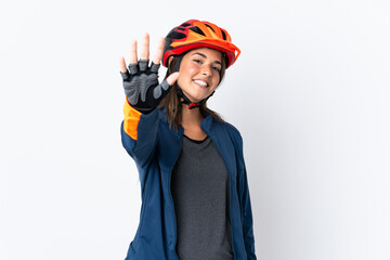 Young cyclist brazilian girl isolated on white  background counting five with fingers