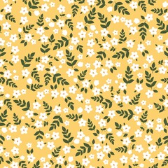 Seamless vintage pattern. Small white flowers, green leaves. Yellow background. vector texture. fashionable print for textiles, wallpaper and packaging.