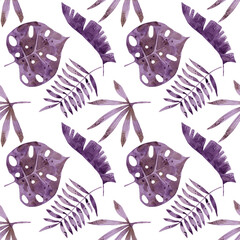 Watercolor green palm leaves. Tropical foliage