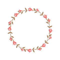Wreath of pink roses and beige twigs with leaves. Festive vector illustration for ordering postcards, invitations. Rustic template for circle-shaped text