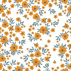 Seamless vintage pattern. Orange flowers . green leaves. White background. vector texture. fashionable print for textiles, wallpaper and packaging.