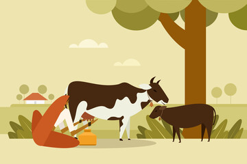 Illustration of an Indian rural woman milking a cow in the outdoor - obrazy, fototapety, plakaty