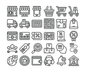 Simple set of 30 e-commerce icons in detailed outline style