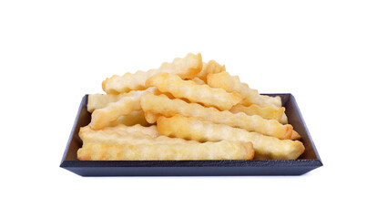 French fries on a black plate on a white background