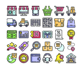 Simple set of 30 e-commerce icons in detailed outline color style