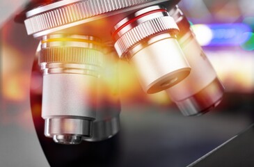 New modern microscope. Medicine research concept. History of biology, alchemy, vaccination.