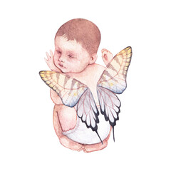 newborn fairy baby with butterflies wings watercolor set, iolated images on white background