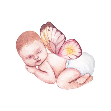 newborn fairy baby with butterflies wings watercolor set, iolated images on white background