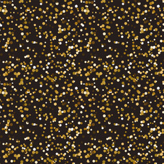 Glamour gold sparkling confetti seamless pattern on black background. Festive texture for wrapping gift paper, holiday decoration, cover, wallpaper