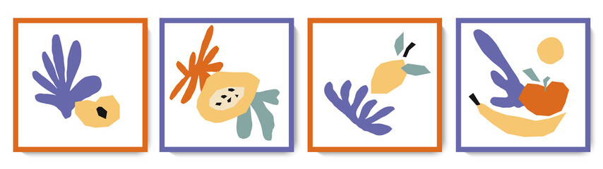 Set of trendy abstract still lifes with fruits. Colorful summer collage with matisse organic shapes and juicy fruitage. Vector illustrations in doodle freehand style