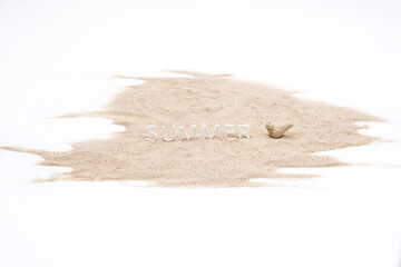 Fototapeta na wymiar Summer mood minimal creative arrangement. Summer word, coral on white sands. 