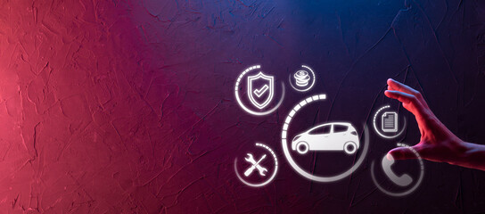 Digital composite of Man holding car icon.Car automobile insurance and car services concept. Businessman with offering gesture and icon of car