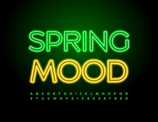 Vector illuminated banner Spring Mood. Green neon Font. Glowing Alphabet Letters and Numbers set