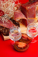 a smoked meat and vegetables and vodka