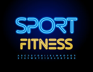 Vector neon Emblem Sport Fitness. Glowing Blue Font. Artistic Alphabet Letters and Numbers set