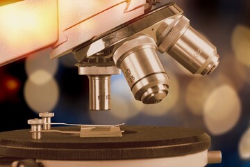 New modern microscope. Medicine research concept. History of biology, alchemy, vaccination.
