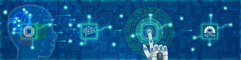 i4b144 Industrie4Banner i4b - ai, artificial intelligence . brain technology concept banner. robotics / circuit board with human face and integrated microchip background . industry 4.0 - g11187