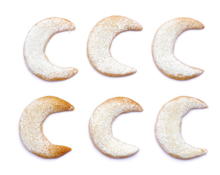 Traditional German or Austrian Vanillekipferl vanilla kipferl cookies isolated on white background