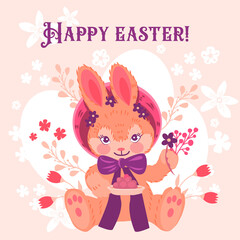 Happy Easter card with bunny in a hat with ribbon and flowers. Perfect for holiday greetings and gifts.