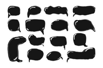 Speech bubbles hand drawn set. Black text clouds, balloons chat boxes in doodle style. Grunge texture. Vector illustration isolated on white background