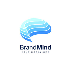 Blue Dynamic Brain Symbol in Water Wave Flow, People Head Brain Smart Cognitive Company Logo Vector Design
