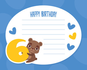 Cute Bear Cub at White Empty Lined Card Holding Six Number Vector Template