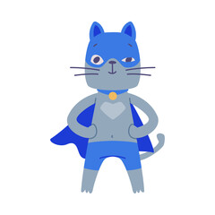 Superhero Grey Cat Wearing Blue Mask and Cape Having Super Power Vector Illustration