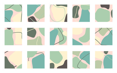 Trendy background set. Cards with minimal organic abstract shapes. Simple geometric backgrounds in pastel colors. Vector illustration for social posts, hilights or story