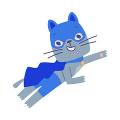 Superhero Grey Cat Flying Wearing Blue Mask and Cape Having Super Power Vector Illustration