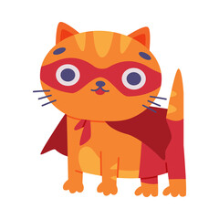 Superhero Ginger Cat Wearing Red Mask and Cape Having Power Vector Illustration