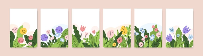 Flower card designs set. Abstract spring backgrounds with blossomed floral plants and leaves. Nature backdrops with gorgeous summer blooms and leaf. Romantic postcards. Flat vector illustrations - obrazy, fototapety, plakaty