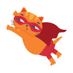 Obraz premium Superhero Ginger Cat Wearing Red Mask and Cape Flying Having Power Vector Illustration