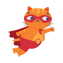 Superhero Ginger Cat Wearing Red Mask and Cape Flying Having Power Vector Illustration