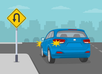 Traffic regulating sign. Safety car driving. Blue suv car is about to turn left on expressway. Yellow u-turn road sign. Flat vector illustration template.