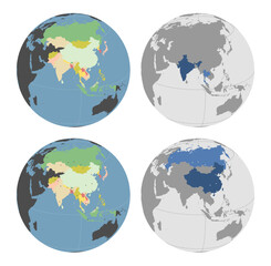 Round Globe Vector Map with Asian Countries highlighted (with Russia) and Major Cities optionally pointed (see top and bottom). Any country combinations could be highlighted. Asia Map