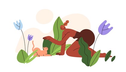 Woman, cat in flowers, plants. Harmony, peace, unity with nature concept. Human, flora and fauna. Love, tenderness, interaction with environment. Flat vector illustration isolated on white background