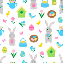 Seamless pattern Easter Bunny Chicks eggs vector illustration