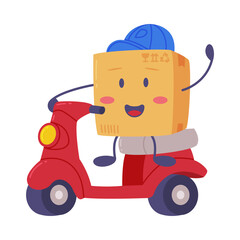 Cute Delivery Cardboard Box Character in Blue Cap Riding Motor Scooter Vector Illustration
